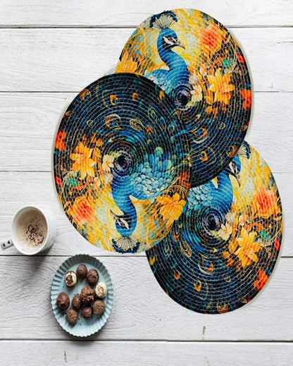 Colorful Peacock Design Jute Table Mats | Set of 3 | 15 x 1 inches