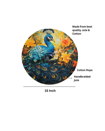 Colorful Peacock Design Jute Table Mats | Set of 3 | 15 x 1 inches