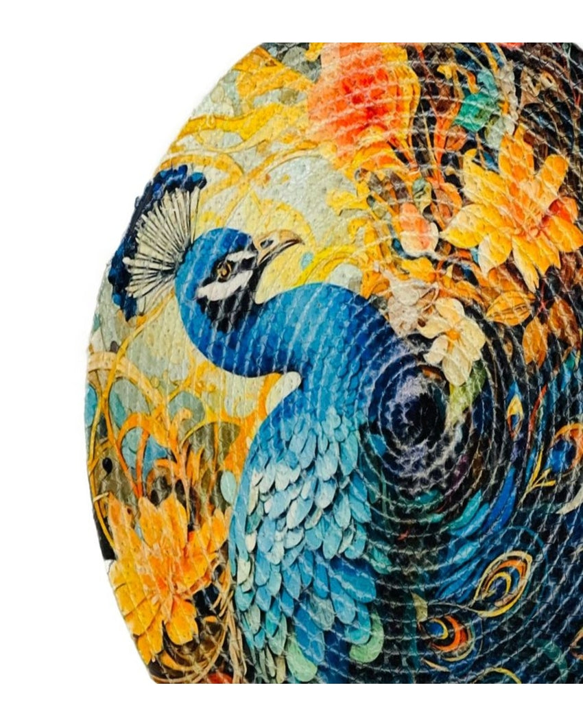 Colorful Peacock Design Jute Table Mats | Set of 3 | 15 x 1 inches