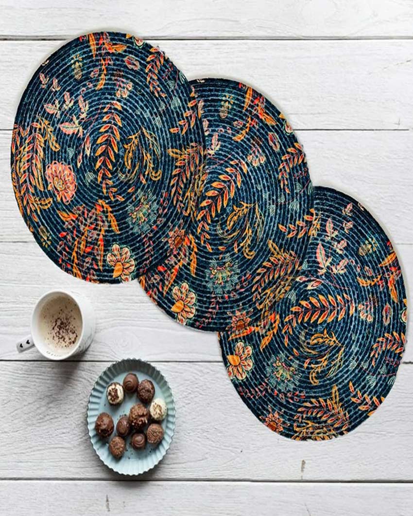Artistic Floral Design Jute Table Mats | Set of 3 | 15 x 1 inches