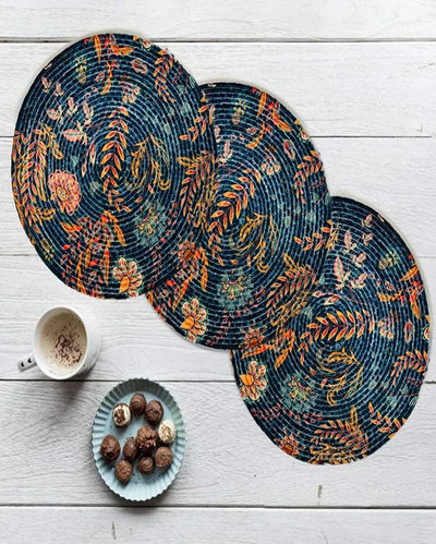 Artistic Floral Design Jute Table Mats | Set of 3 | 15 x 1 inches