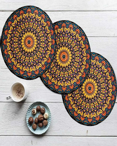 Vibrant Mandala Design Jute Table Mats | Set of 3 | 15 x 1 inches