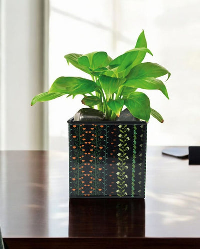 Modern Floral Printed Square Shape Metal Planter Desk Pot | 4 x 4 x 4 inches