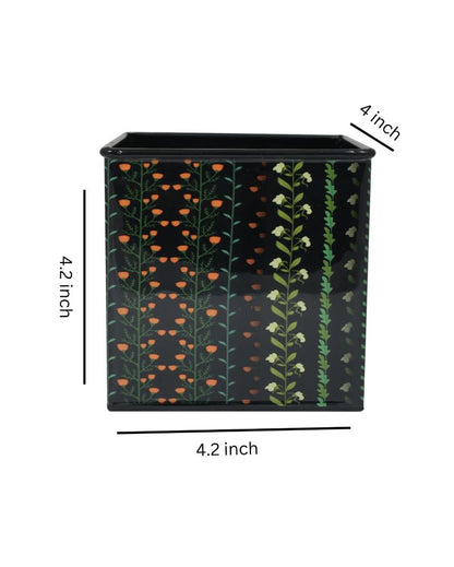 Modern Floral Printed Square Shape Metal Planter Desk Pot | 4 x 4 x 4 inches