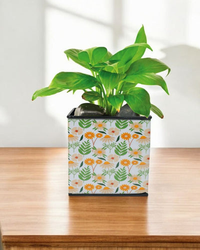 Floral Printed Square Shape Metal Planter Desk Pot | 4 x 4 x 4 inches