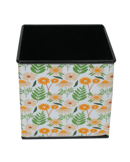 Floral Printed Square Shape Metal Planter Desk Pot | 4 x 4 x 4 inches