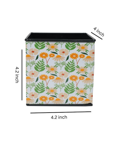 Floral Printed Square Shape Metal Planter Desk Pot | 4 x 4 x 4 inches