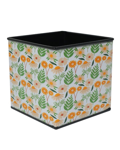 Floral Printed Square Shape Metal Planter Desk Pot | 4 x 4 x 4 inches
