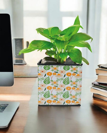 Floral Printed Square Shape Metal Planter Desk Pot | 4 x 4 x 4 inches