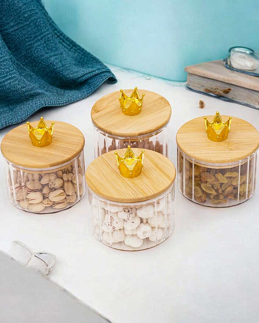 Functional Crown Design Four Canister Jar With Airtight Lid And Wooden Tray | Pack of 5