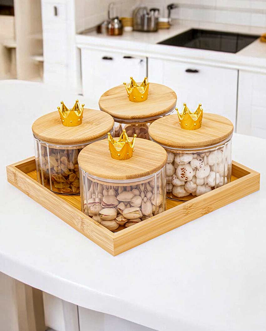 Functional Crown Design Four Canister Jar With Airtight Lid And Wooden Tray | Pack of 5