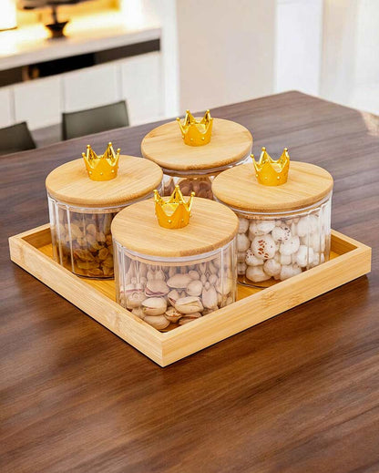 Functional Crown Design Four Canister Jar With Airtight Lid And Wooden Tray | Pack of 5