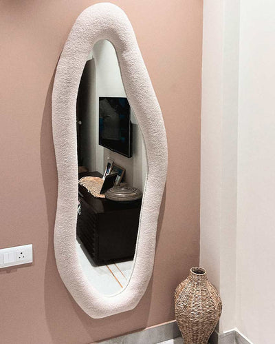 Charming Luna Style Ivory Boucle and Beige Suede Velvet MDF Fabric Glass Mirror