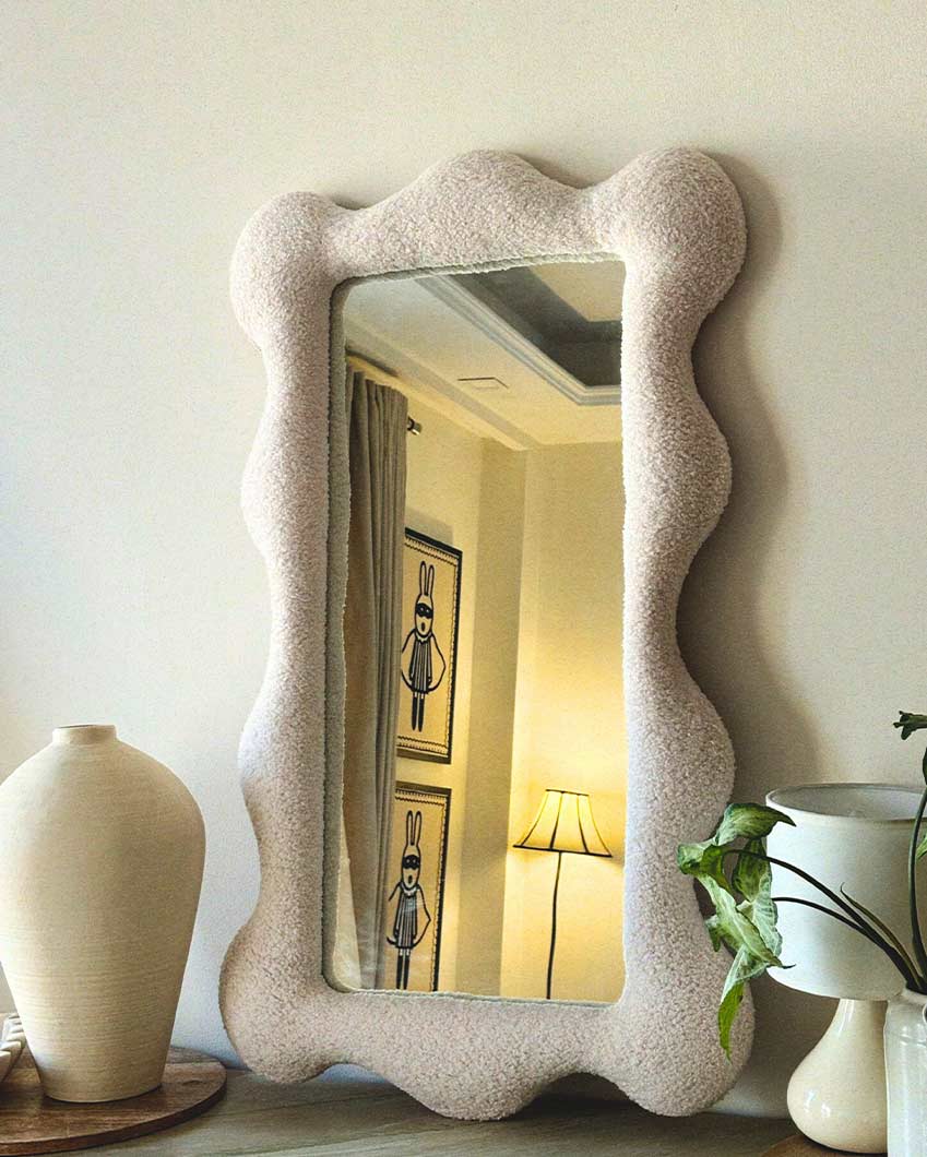 Sophisticated Ella Style Ivory Boucle MDF Fabric Glass Fabric Mirror | Ivory