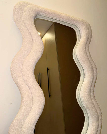 Elegant Iris Style Ivory Boucle and Beige Suede Velvet MDF Fabric Glass Mirror