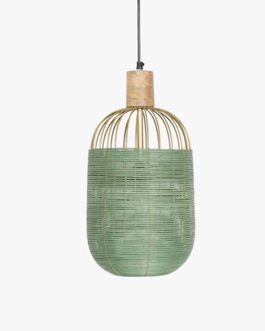 Olive Green Rattan Natural Hanging Lamp | 8 x 16 inches