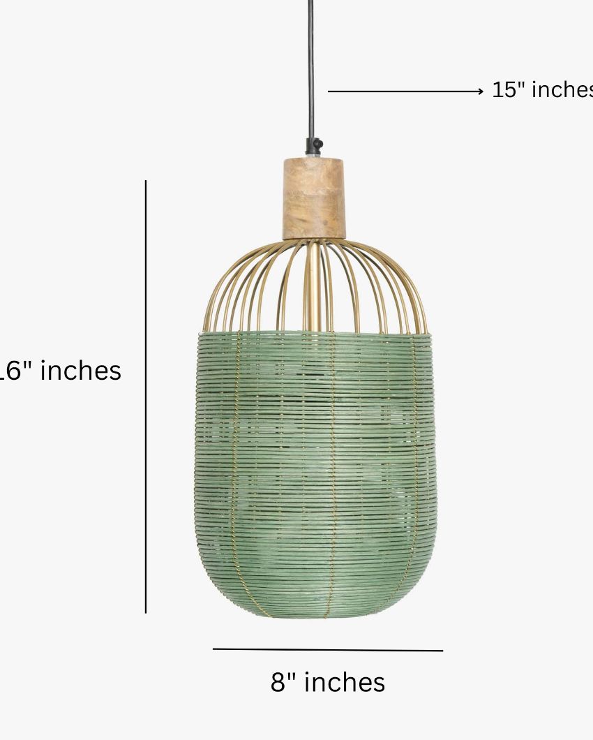 Olive Green Rattan Natural Hanging Lamp | 8 x 16 inches