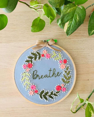 Breathe Text Embroidery Floral Design Hoop With Bow | 8 inches