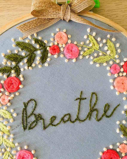 Breathe Text Embroidery Floral Design Hoop With Bow | 8 inches