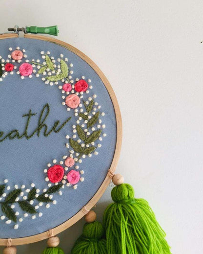 Breathe Text Embroidery Floral Design Hoop With Tassels | 8 x 21 inches