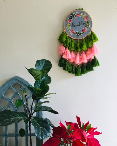 Breathe Text Embroidery Floral Design Hoop With Tassels | 8 x 21 inches
