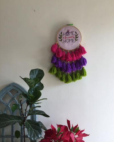 Home Sweet Home Embroidery Floral Design Hoop With Tassels | 8 x 21 inches