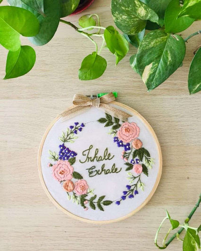Inhale Exhale Embroidery Floral Design Hoop With Bow | 8 inches