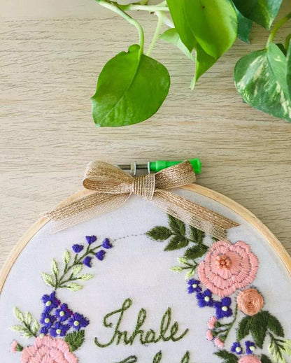 Inhale Exhale Embroidery Floral Design Hoop With Bow | 8 inches