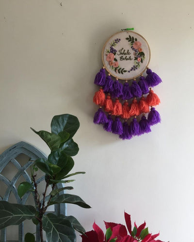 Inhale Exhale Embroidery Floral Design Hoop With Tassels | 8 x 21 inches