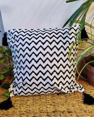 Black Aztec Block Print Cotton Cushion Cover | 16 x 16 inches