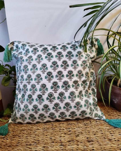 Wildflower Cuteness Block Print Cotton Cushion Cover | 16 x 16 inches