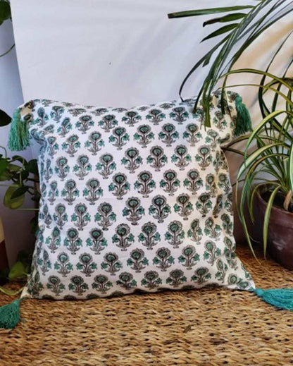 Wildflower Cuteness Block Print Cotton Cushion Cover | 16 x 16 inches