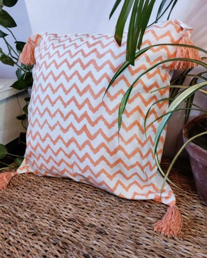 Cantaloupe Orange Aztec Block Print Cotton Cushion Cover | 16 x 16 inches