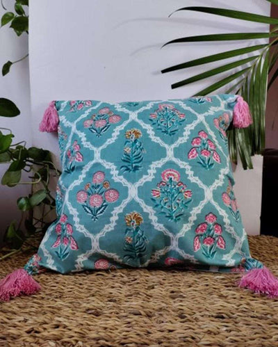 Countryside Meadows Block Print Cotton Cushion Cover | 16 x 16 inches
