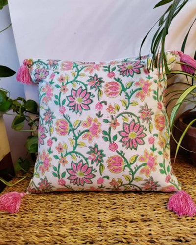 Floral Affair Block Print Cotton Cushion Cover | 16 x 16 inches