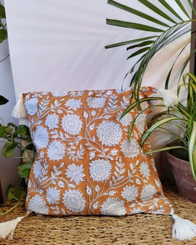 White Dahlias Block Print Cotton Cushion Cover | 16 x 16 inches