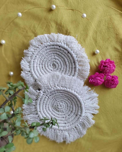 Classic Macrame Cotton Cord Coaster White Placemat | Set of 2 | 4 x 4 inches