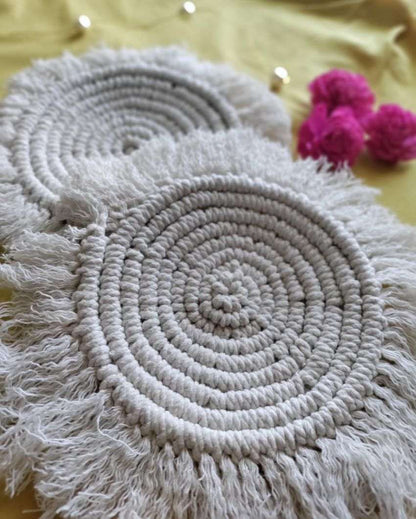 Classic Macrame Cotton Cord Coaster White Placemat | Set of 2 | 4 x 4 inches