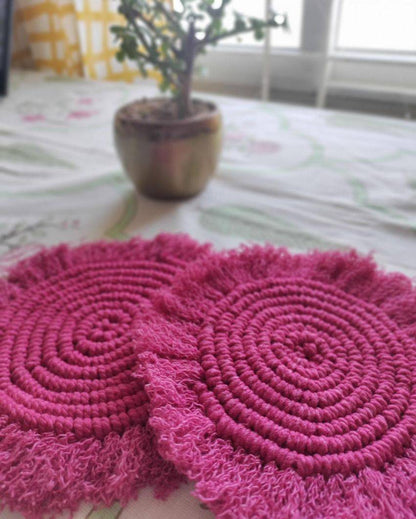 Pink Starburst Macrame Cotton Cord Coaster Placemat | Set of 2 | 4 x 4 inches