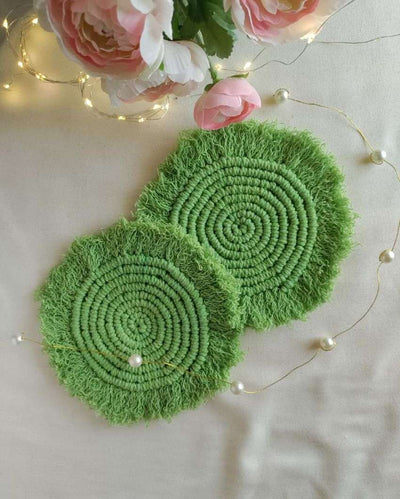 Green Moon Macrame Cotton Cord Coaster Placemat | Set of 2 | 4 x 4 inches