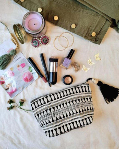The Little Black Beauty Thread Weaved Cotton Canvas Handbag | 9 x 3 x 6 inches