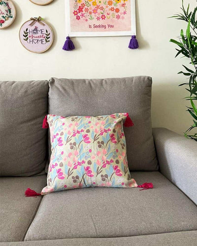 Pastel Blooms Block Print Cotton Cushion Cover | 16 x 16 inches