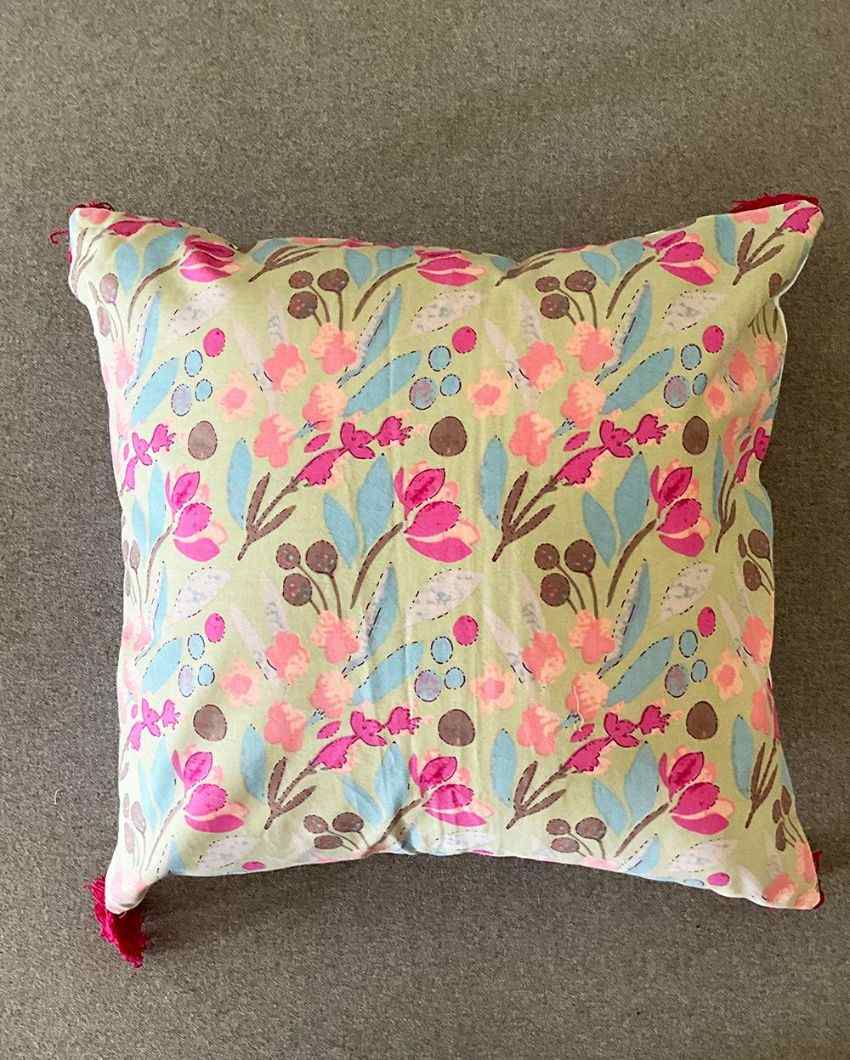 Pastel Blooms Block Print Cotton Cushion Cover | 16 x 16 inches