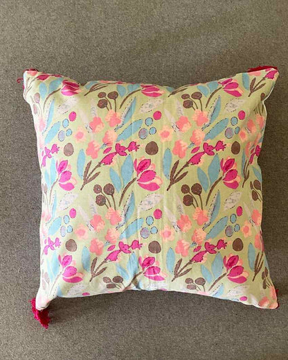Pastel Blooms Block Print Cotton Cushion Cover | 16 x 16 inches