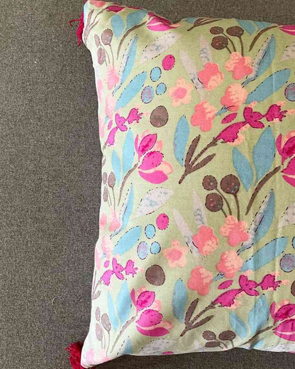 Pastel Blooms Block Print Cotton Cushion Cover | 16 x 16 inches