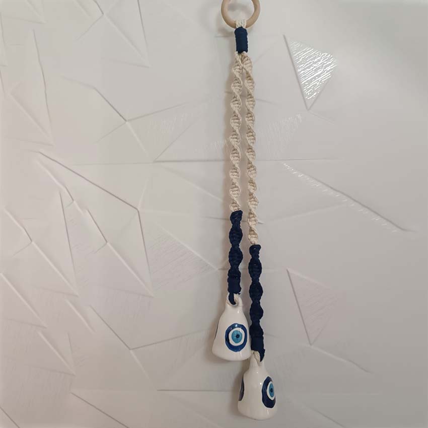 Handmade Macrame with Ceramic Bohemian Blue & Beige Wall Decor Bell | 20 x 2 inches