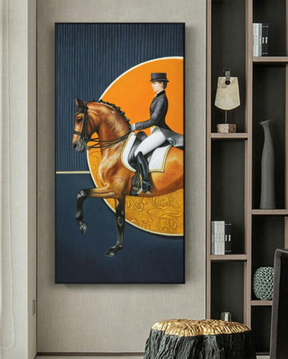 Man On The Brown Horse Framed Oil Canvas Original Handmade Painting  | 35 x 71 inches
