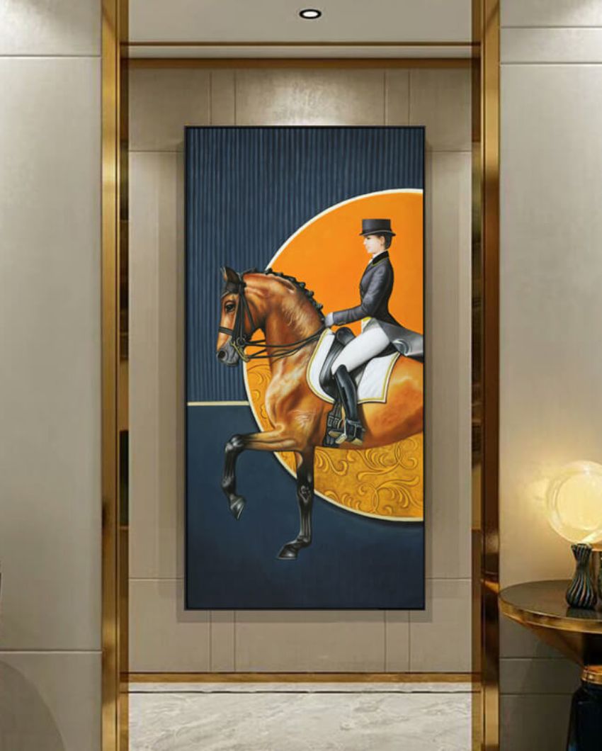 Man On The Brown Horse Framed Oil Canvas Original Handmade Painting  | 35 x 71 inches