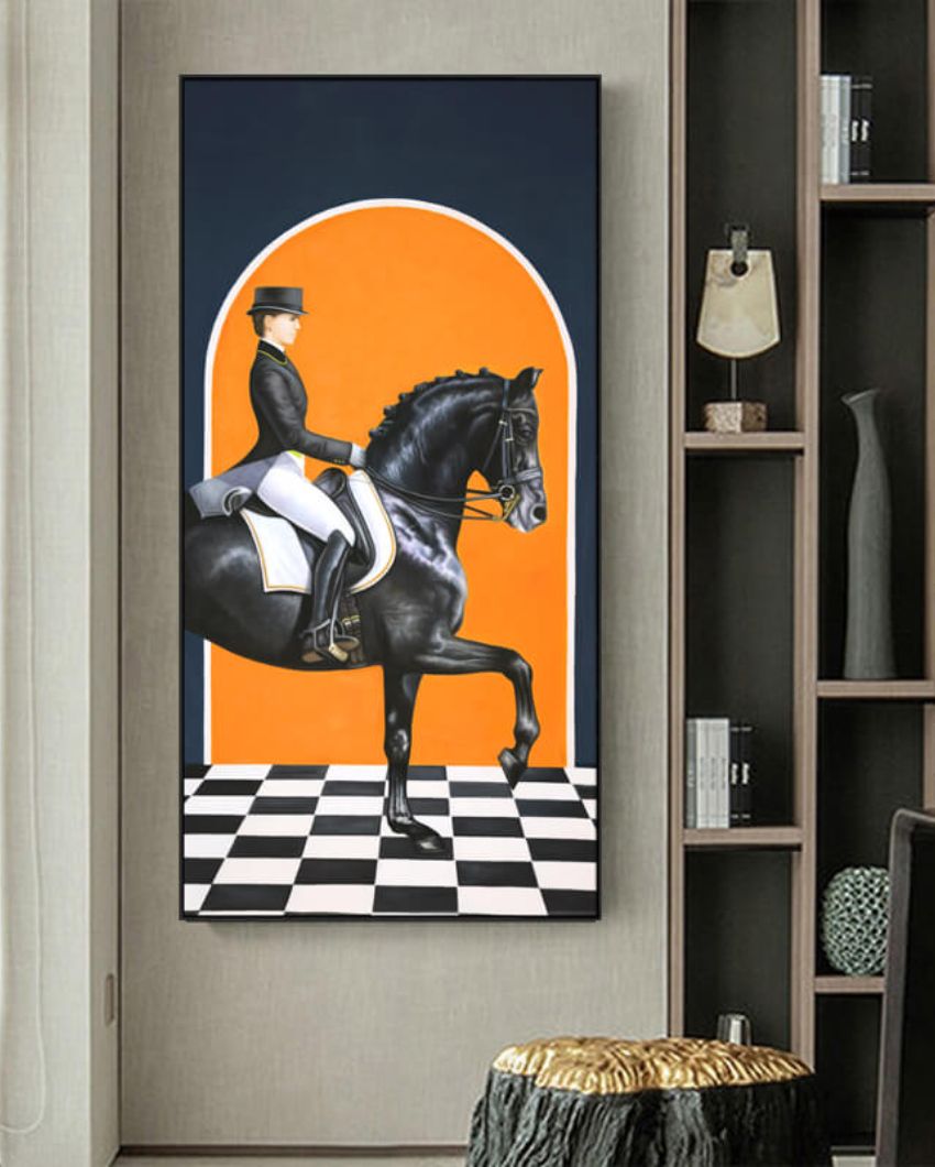 Man On The Black Horse Framed Oil Canvas Original Handmade Painting | 35 x 71 inches