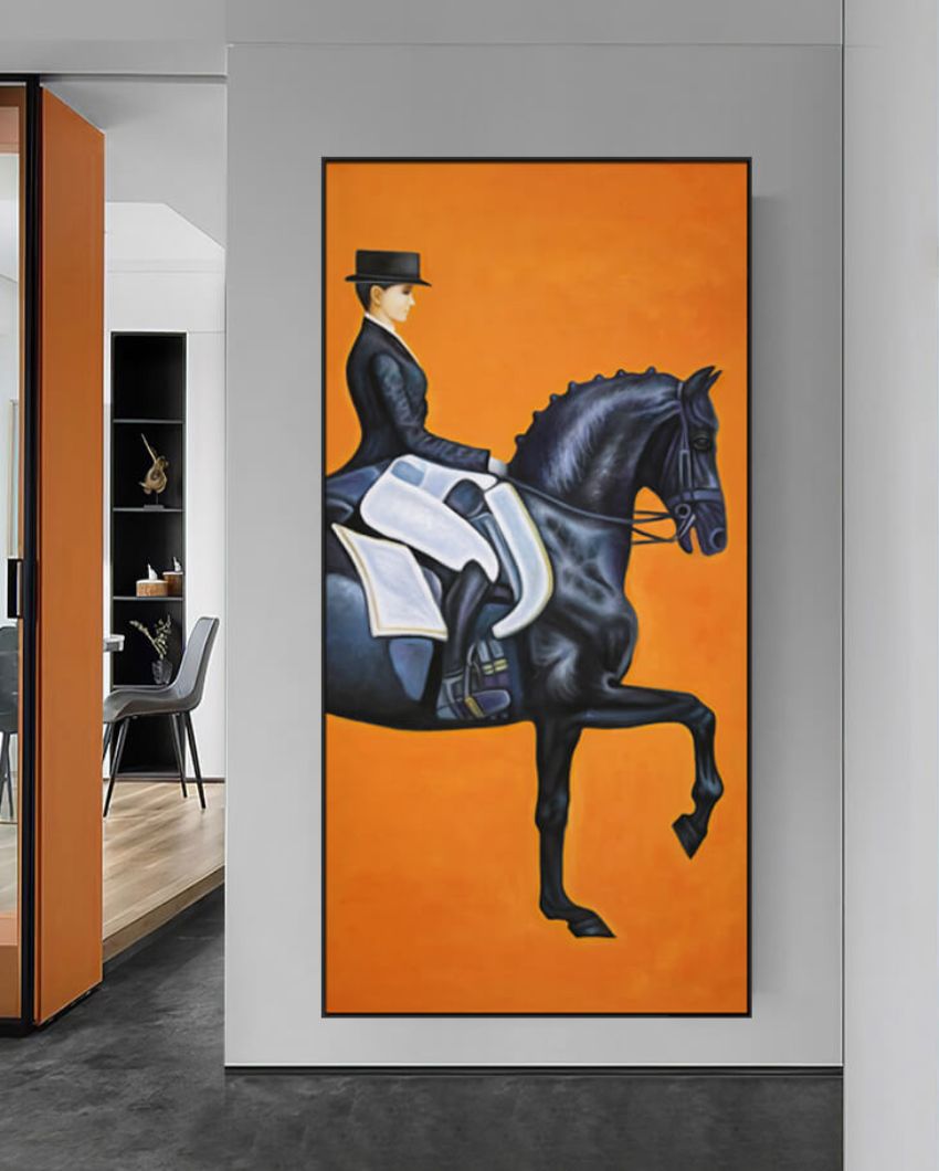 Man Nordic On The Horse Framed Oil Canvas Original Handmade Painting | 35 x 71 inches
